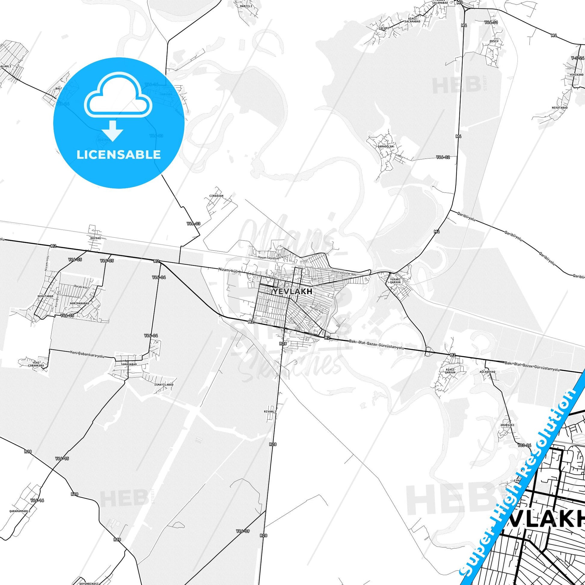 Yevlakh, Azerbaijan light map with streetnames, citynames and districts