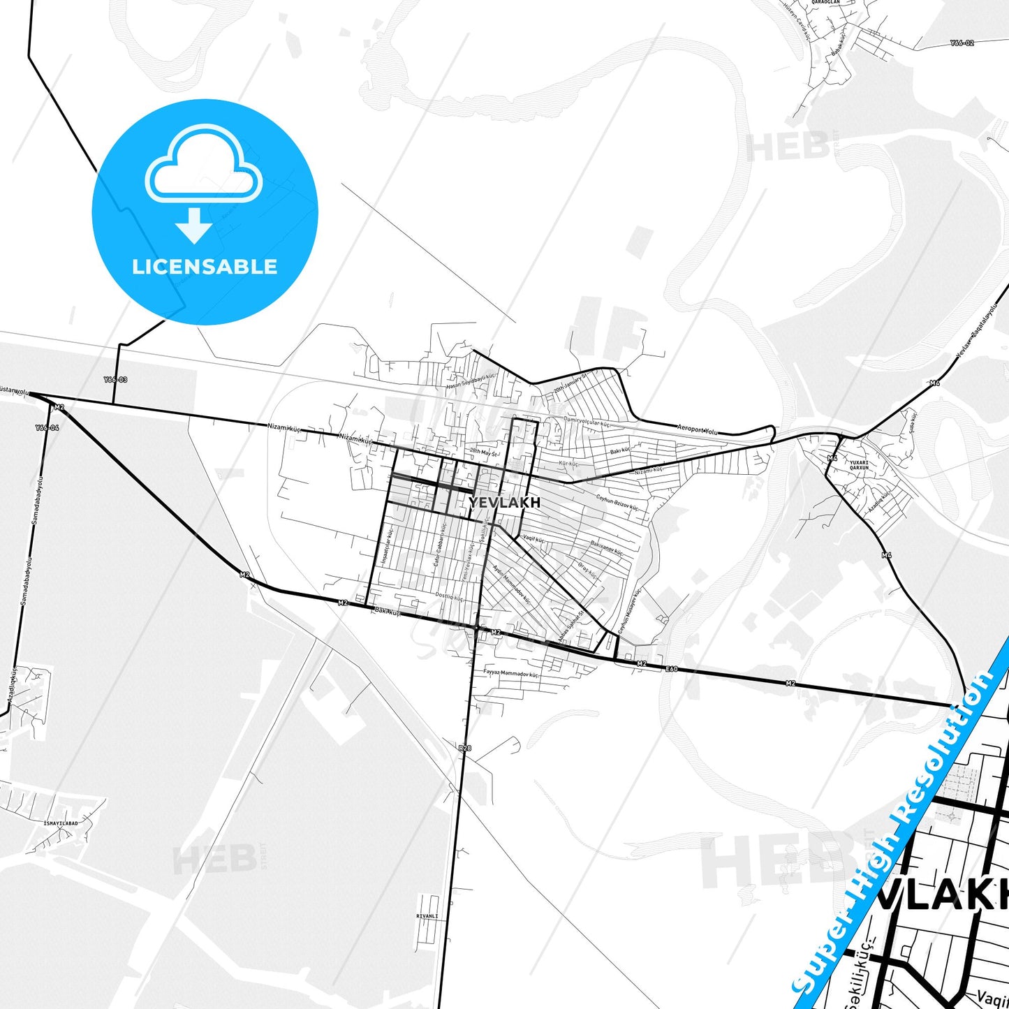 Yevlakh, Azerbaijan Light Map with Street Names, City Names, and Districts