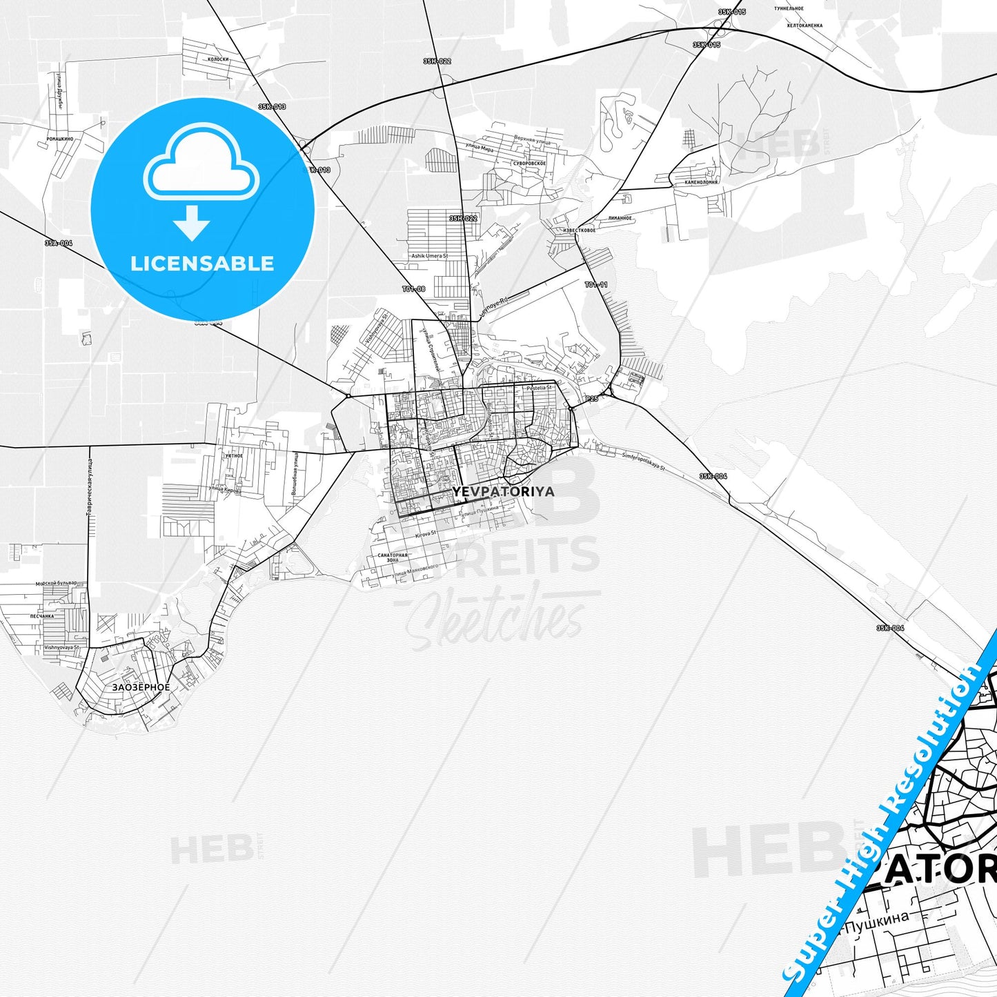 Yevpatoria, Ukraine light map with streetnames, citynames and districts