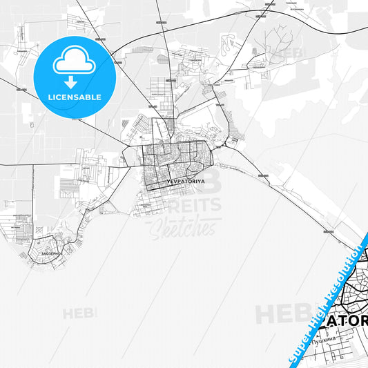 Yevpatoria, Ukraine light map with streetnames, citynames and districts