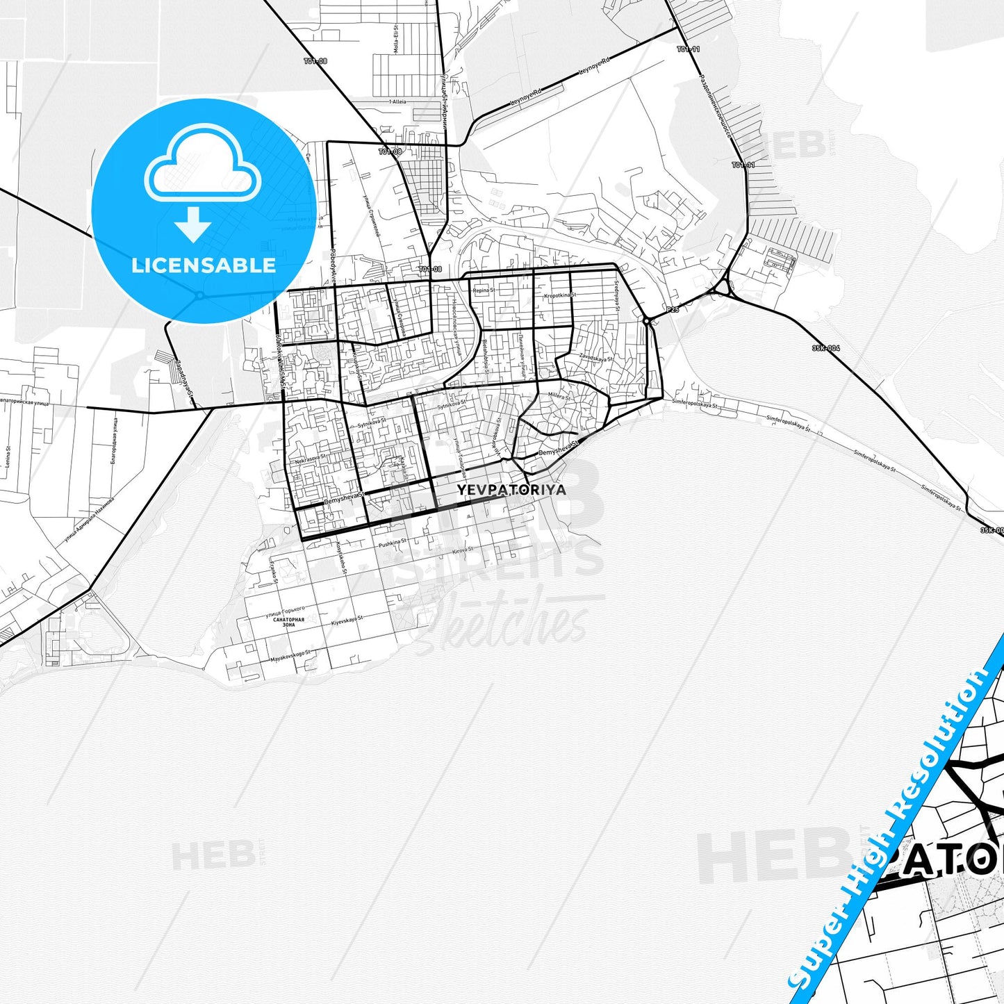 Yevpatoria, Ukraine Light Map with Street Names, City Names, and Districts