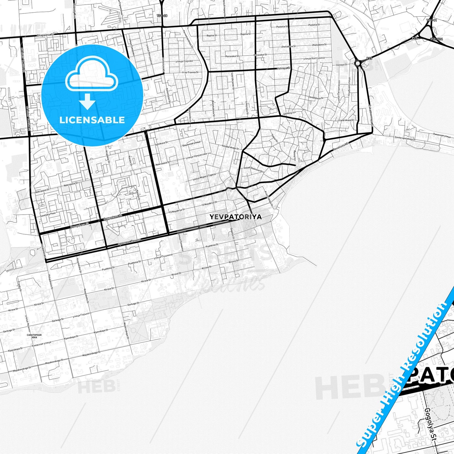 Yevpatoria, Ukraine Light Map with Street Names, City Names, and Districts