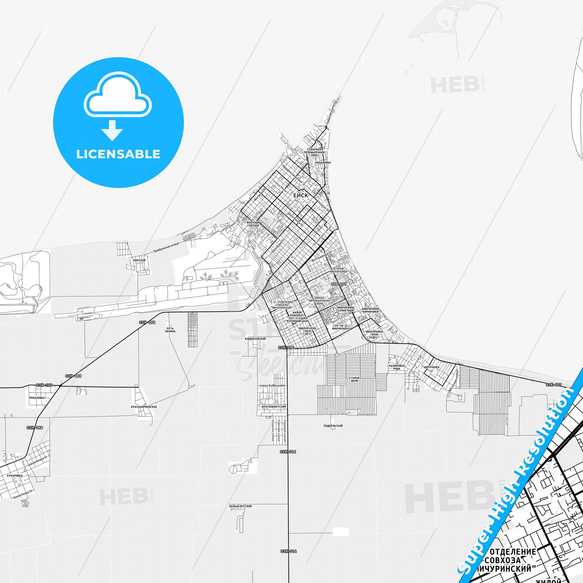 Yeysk, Russia light map with streetnames, citynames and districts