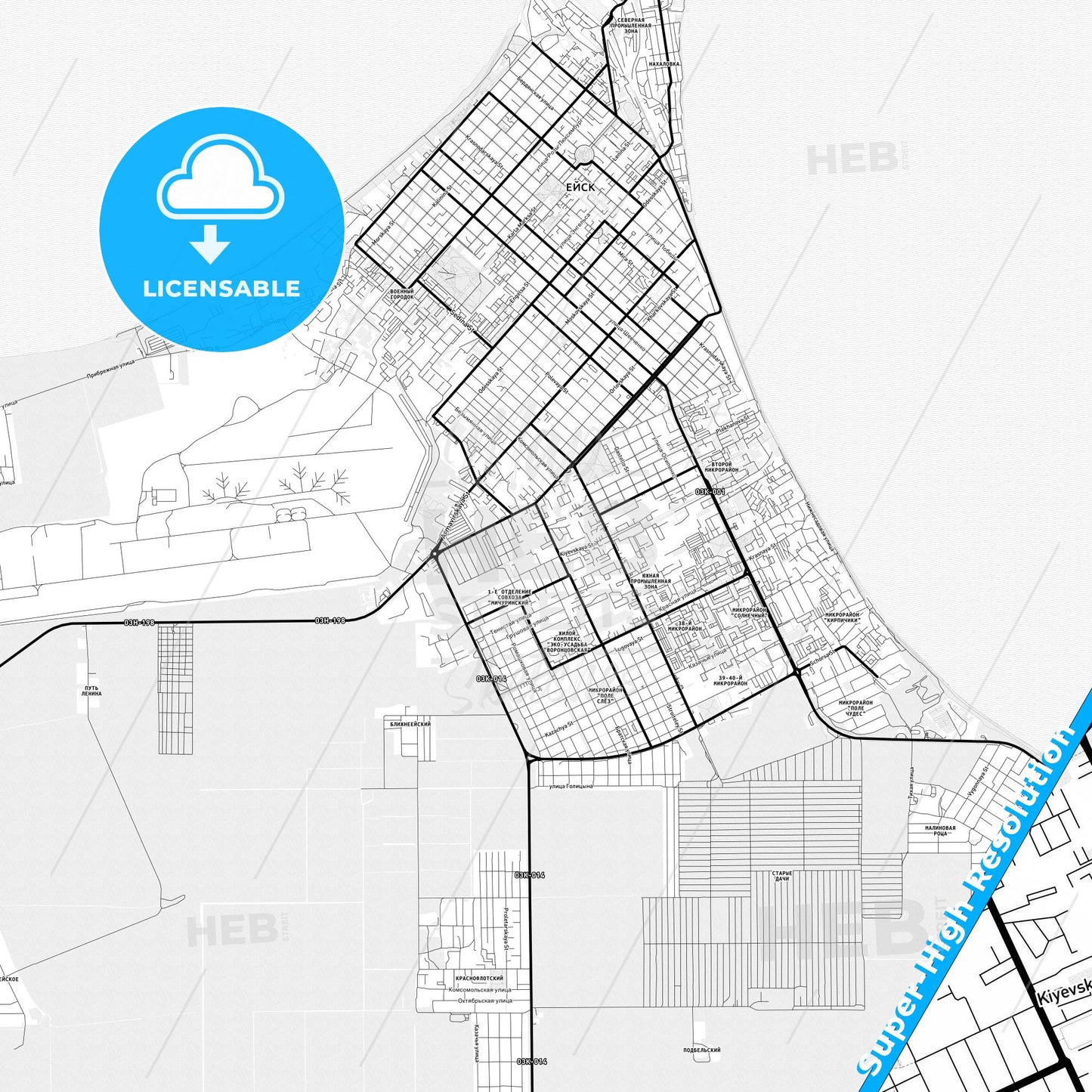 Yeysk, Russia Light Map with Street Names, City Names, and Districts