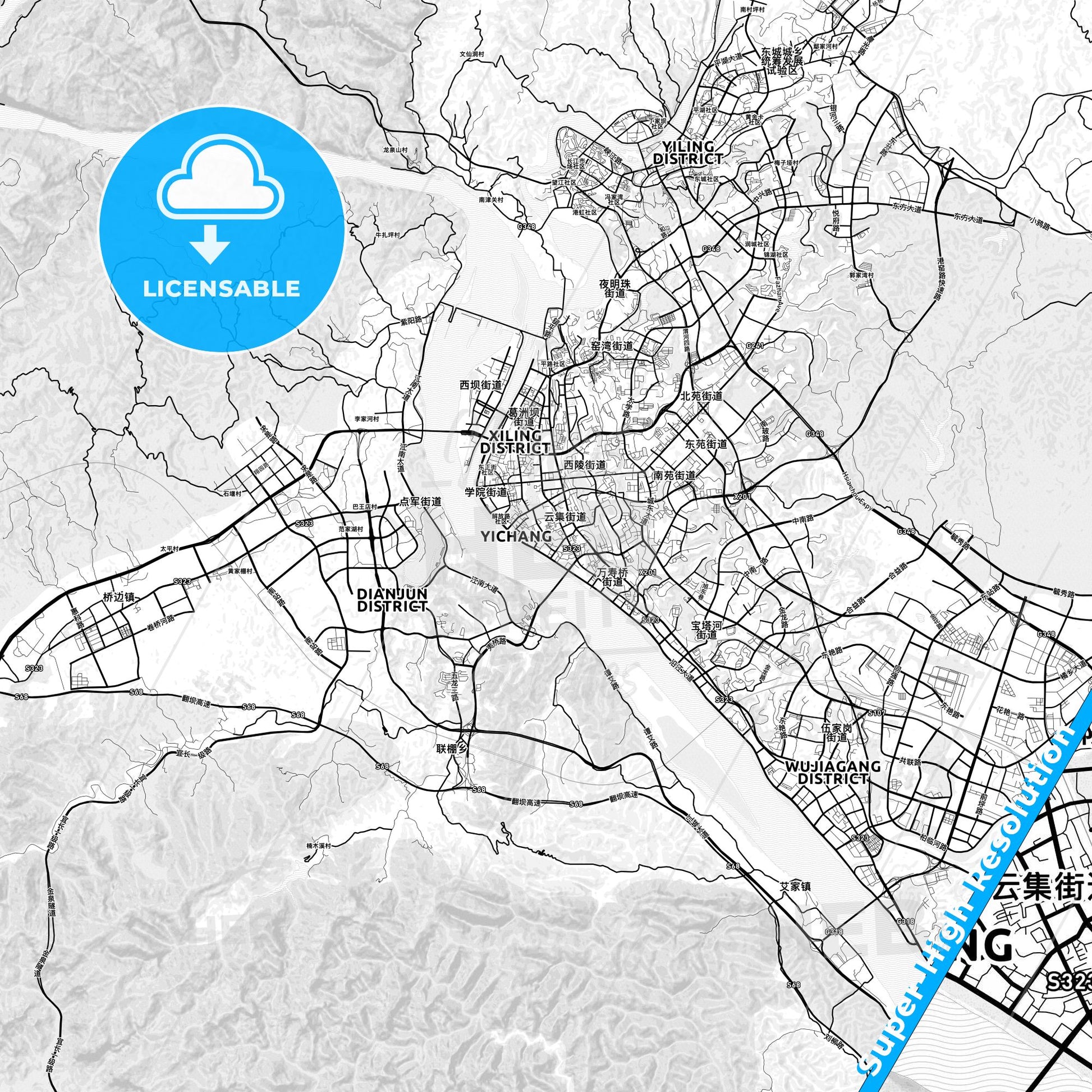 Yichang, China light map with streetnames, citynames and districts