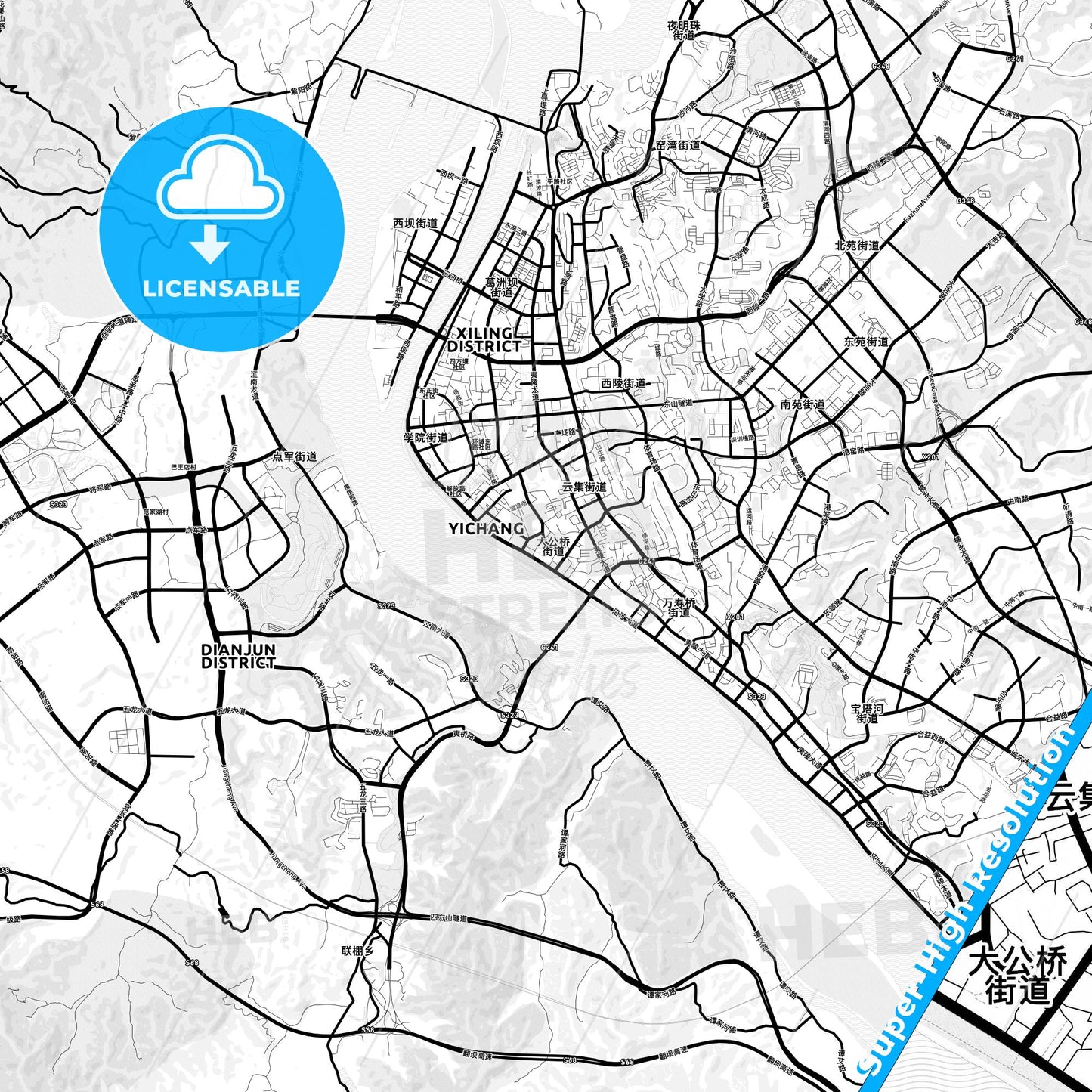 Yichang, China Light Map with Street Names, City Names, and Districts