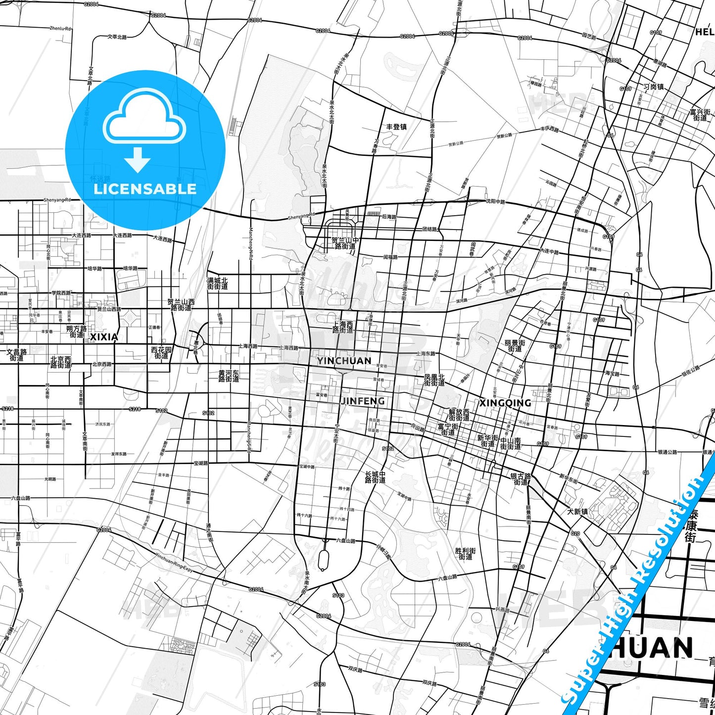 Yinchuan, China light map with streetnames, citynames and districts