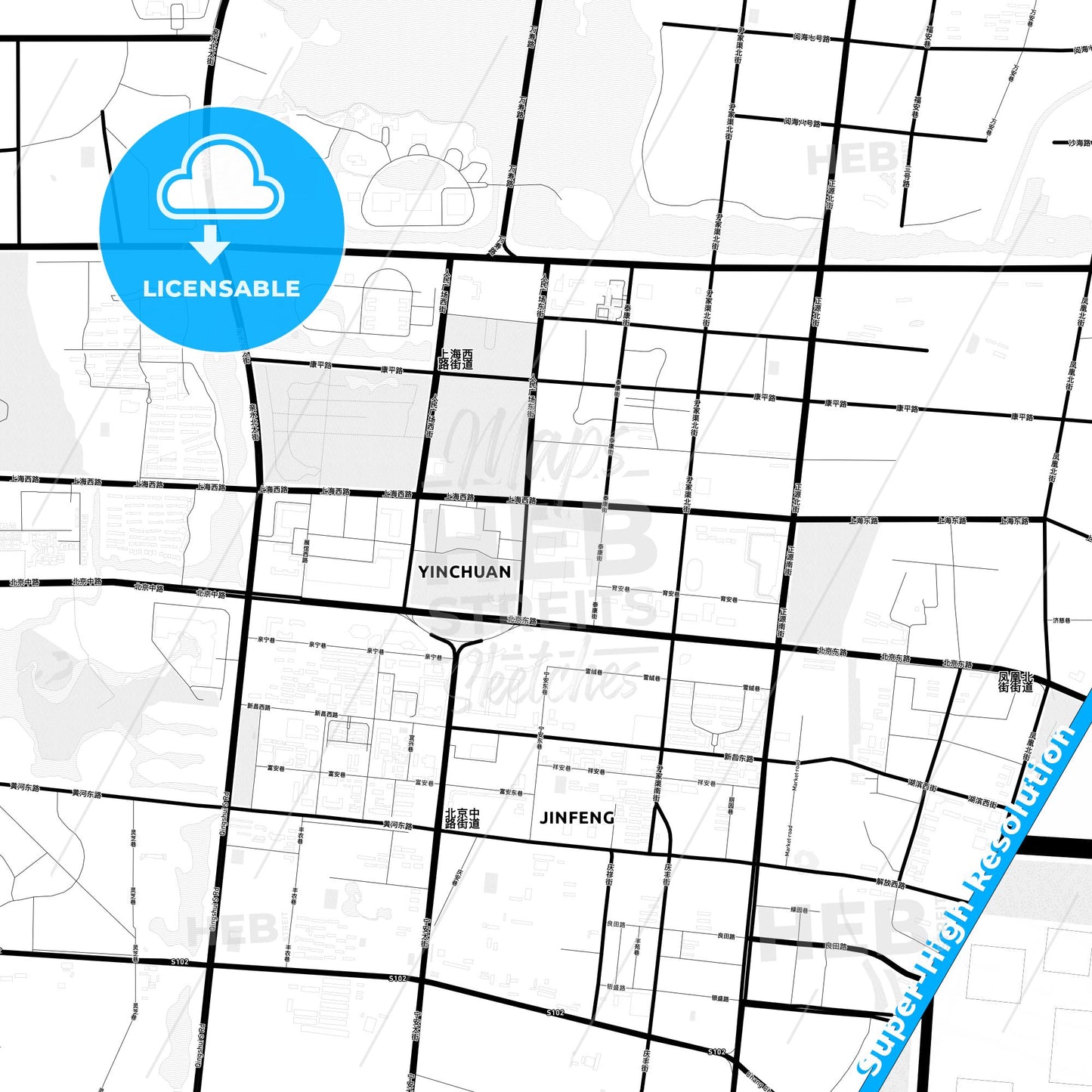 Yinchuan, China Light Map with Street Names, City Names, and Districts