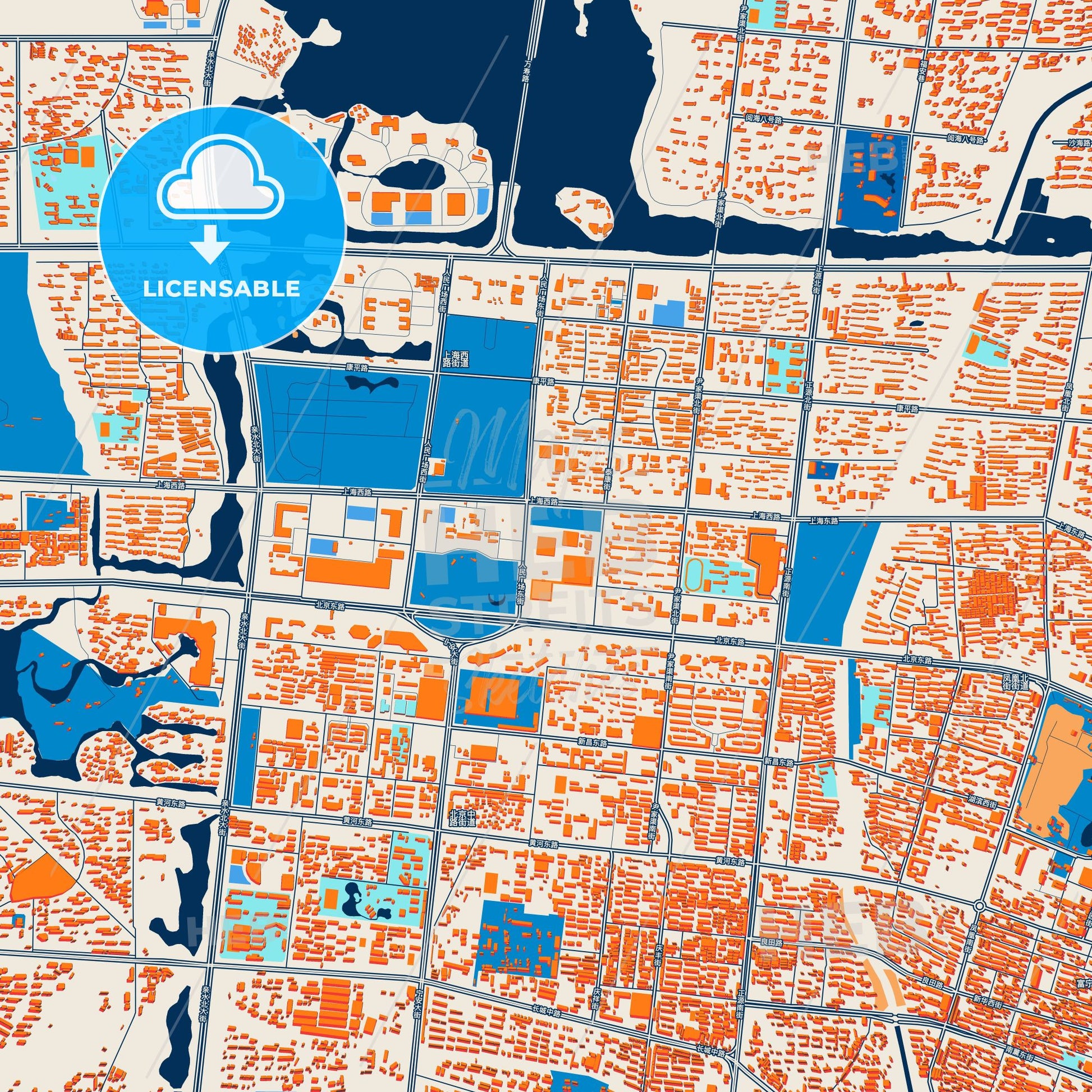 Colorful Yinchuan Street Map with Labels and Buildings