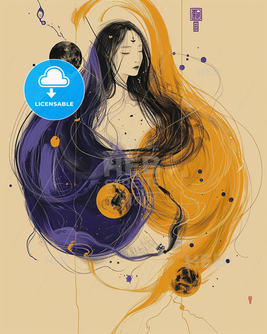 Ying Yang Harmony in Line and Color - A woman with long hair and planets