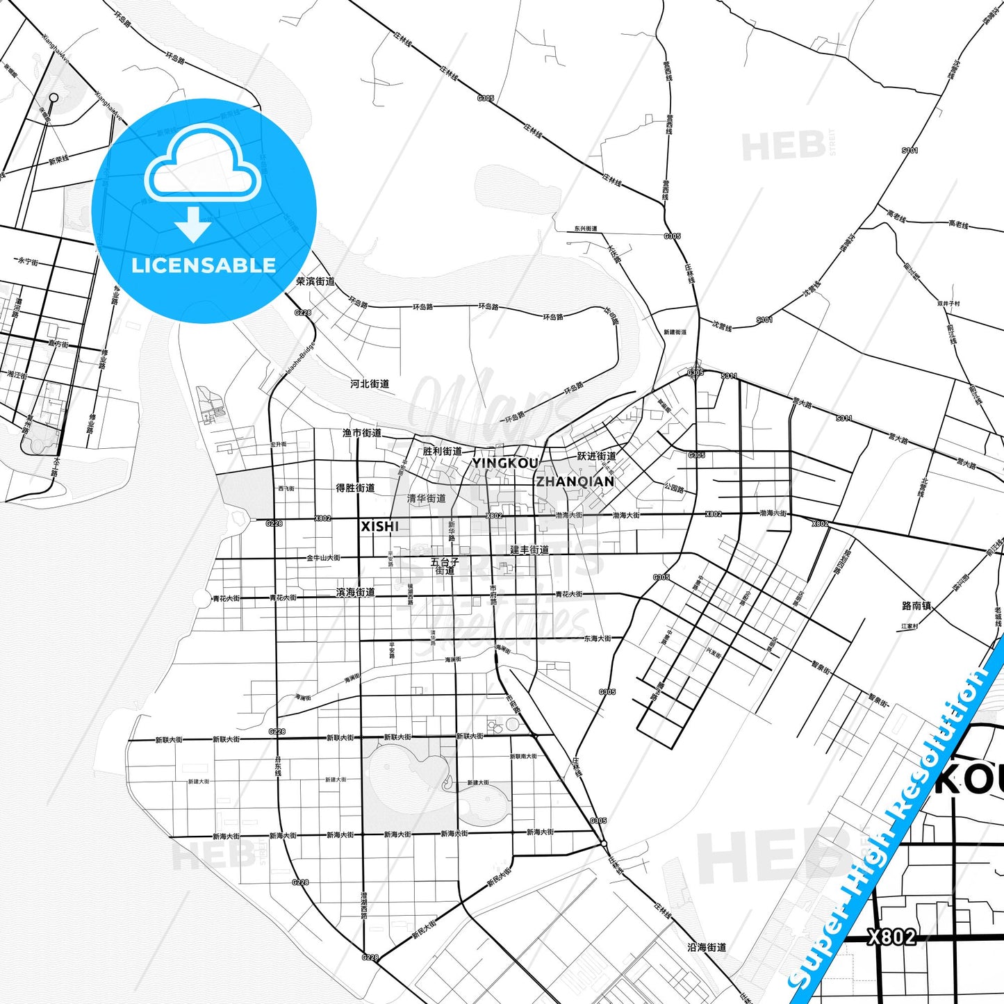 Yingkou, China light map with streetnames, citynames and districts