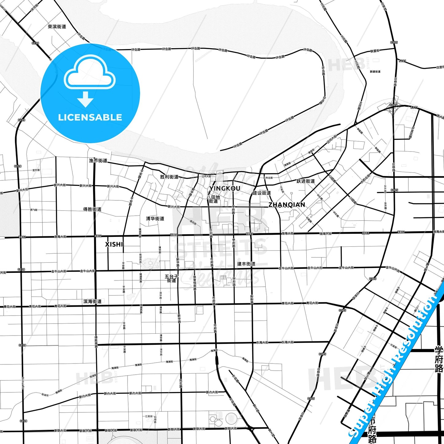 Yingkou, China Light Map with Street Names, City Names, and Districts