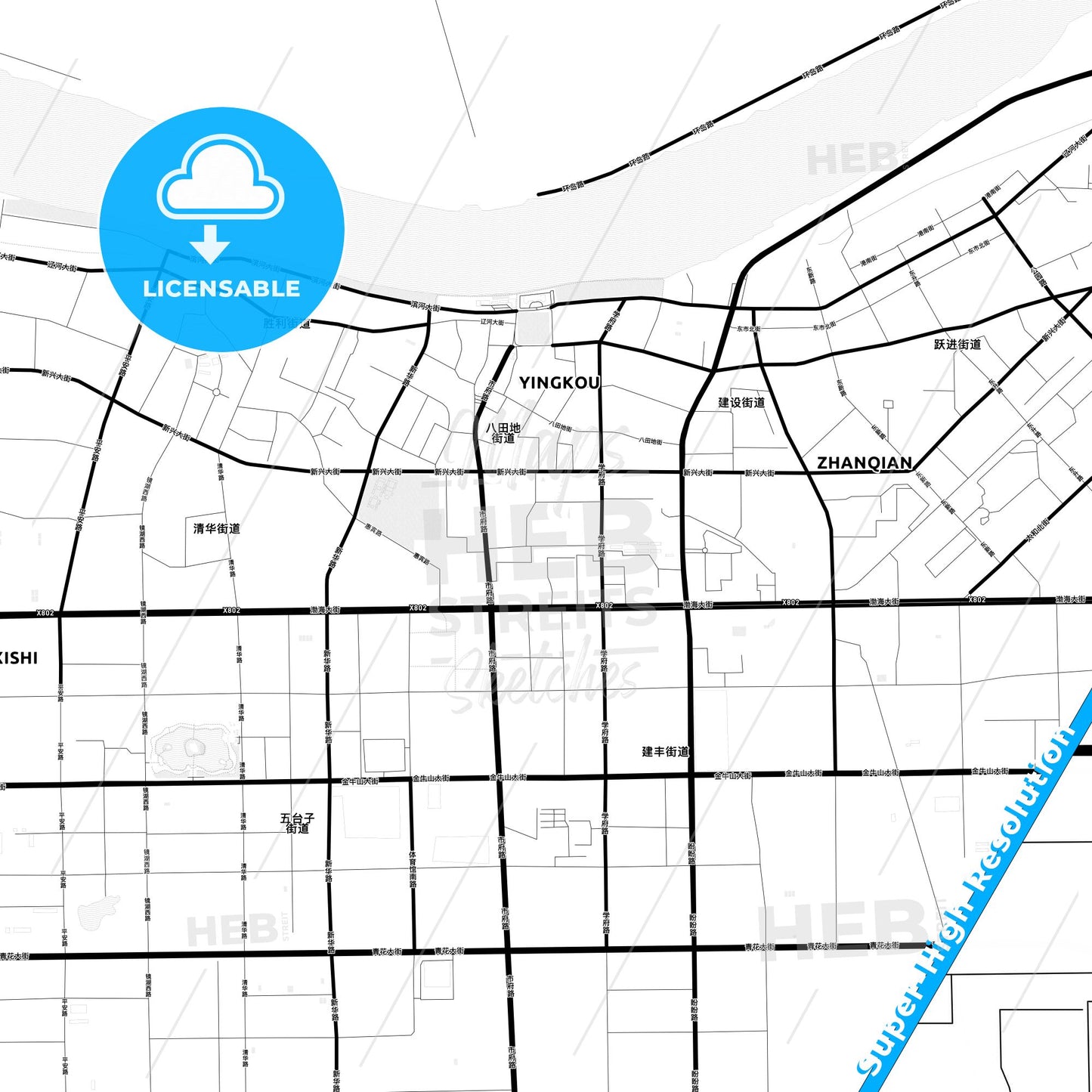 Yingkou, China Light Map with Street Names, City Names, and Districts