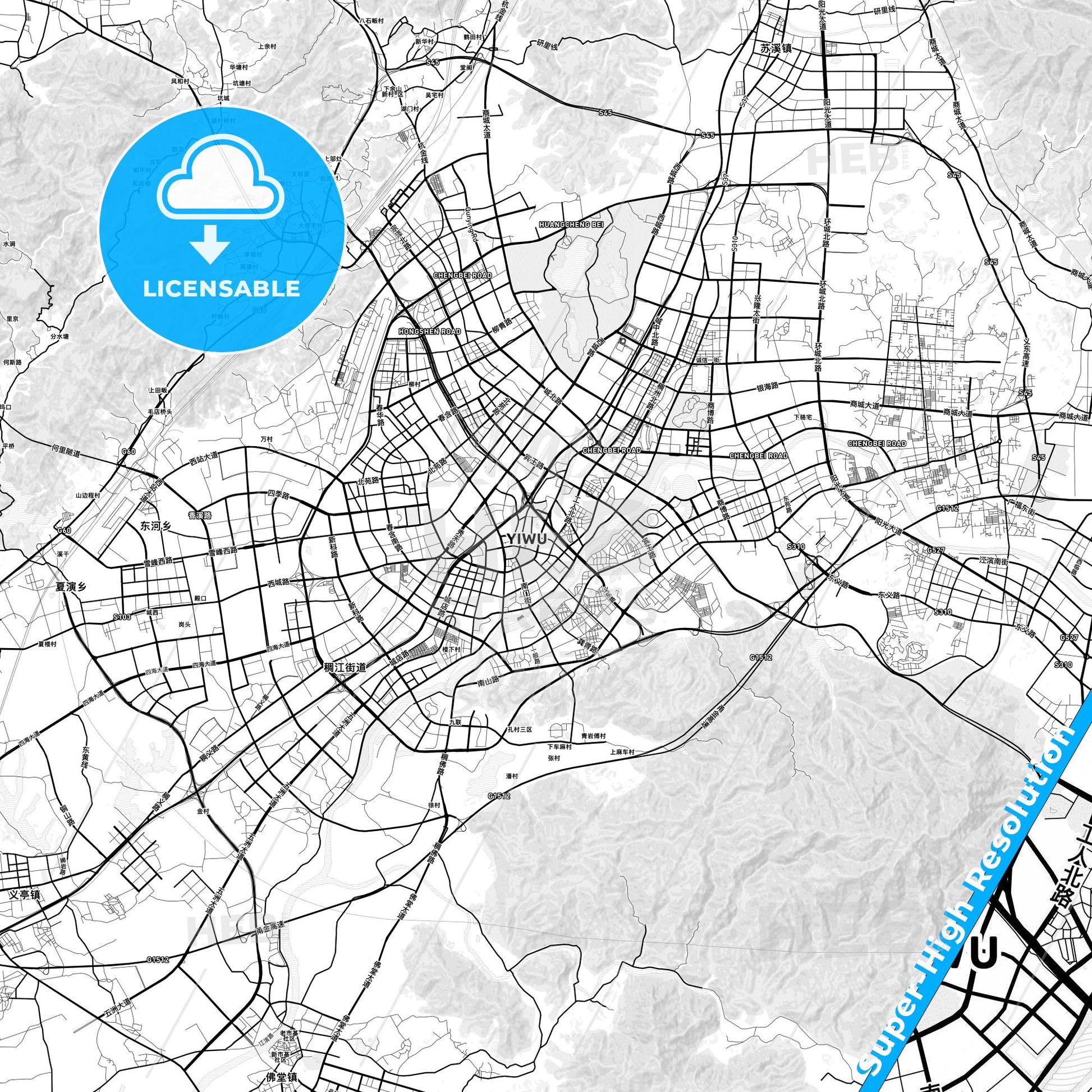 Yiwu, China light map with streetnames, citynames and districts