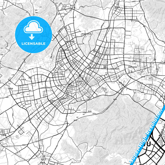 Yiwu, China light map with streetnames, citynames and districts