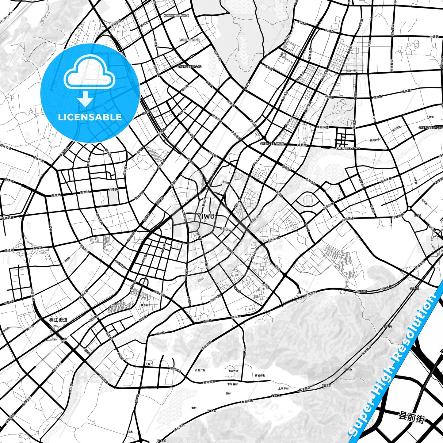 Yiwu, China Light Map with Street Names, City Names, and Districts