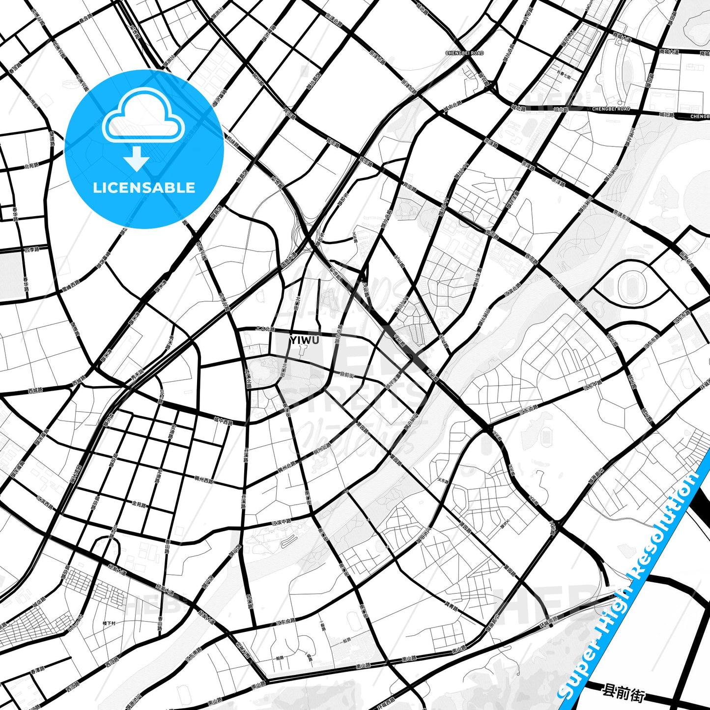 Yiwu, China Light Map with Street Names, City Names, and Districts