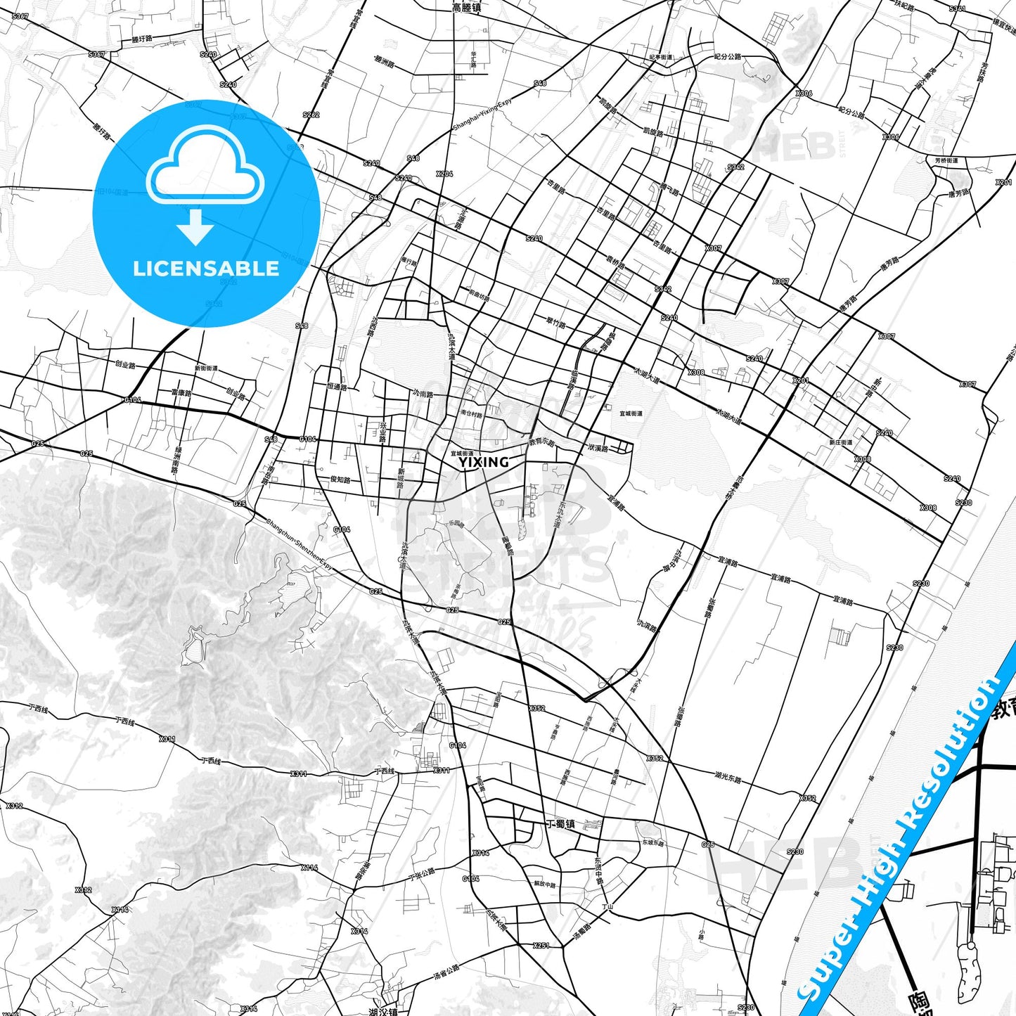 Yixing, China light map with streetnames, citynames and districts