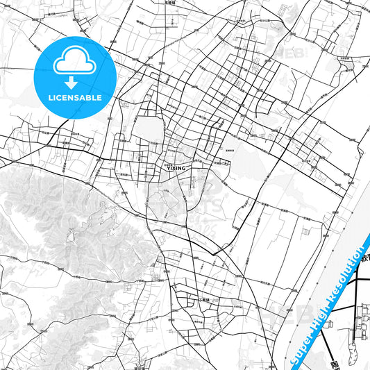 Yixing, China light map with streetnames, citynames and districts