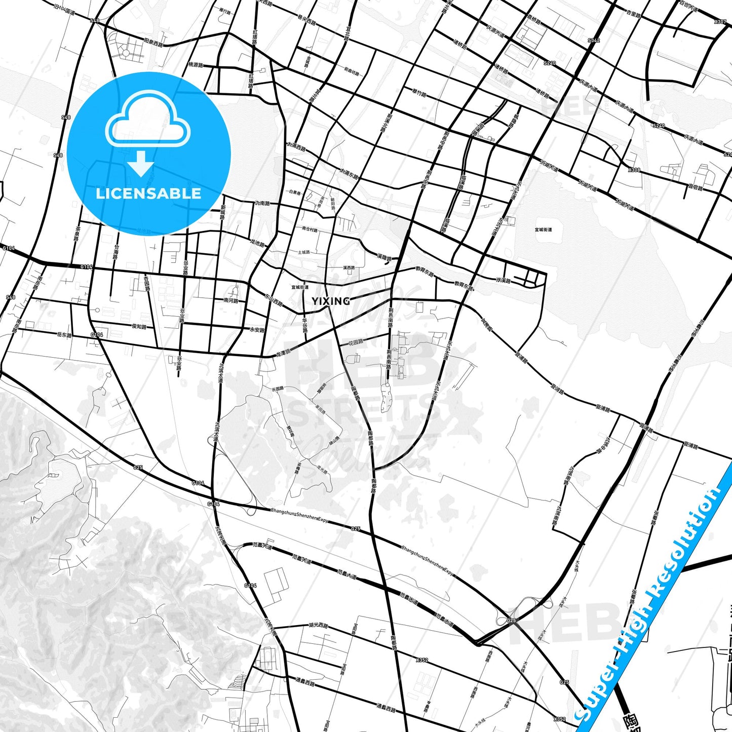Yixing, China Light Map with Street Names, City Names, and Districts