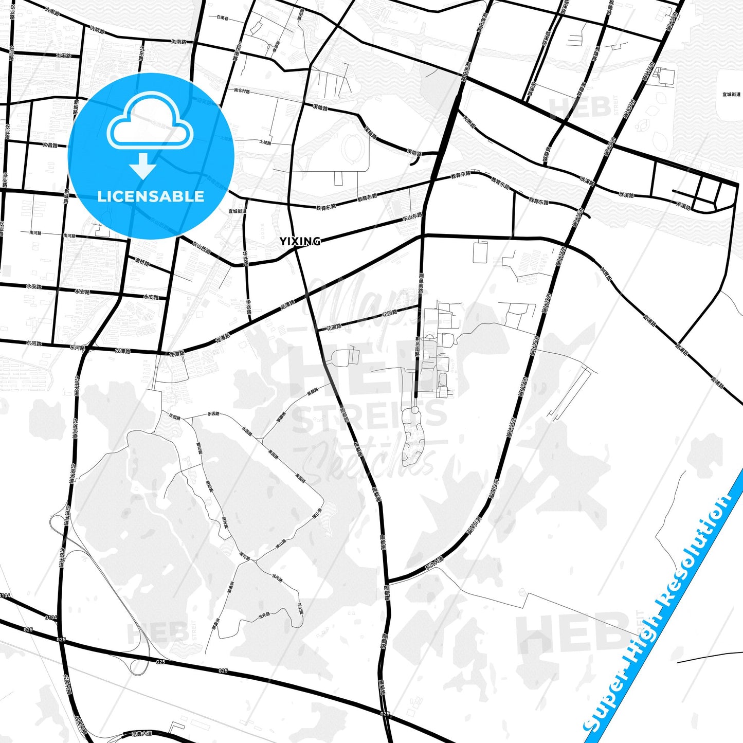 Yixing, China Light Map with Street Names, City Names, and Districts
