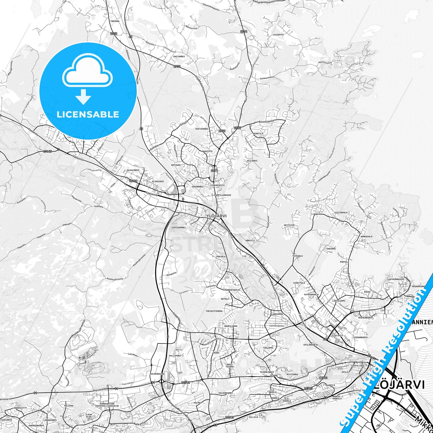 Ylöjärvi, Finland light map with streetnames, citynames and districts