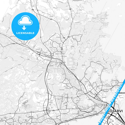 Ylöjärvi, Finland light map with streetnames, citynames and districts