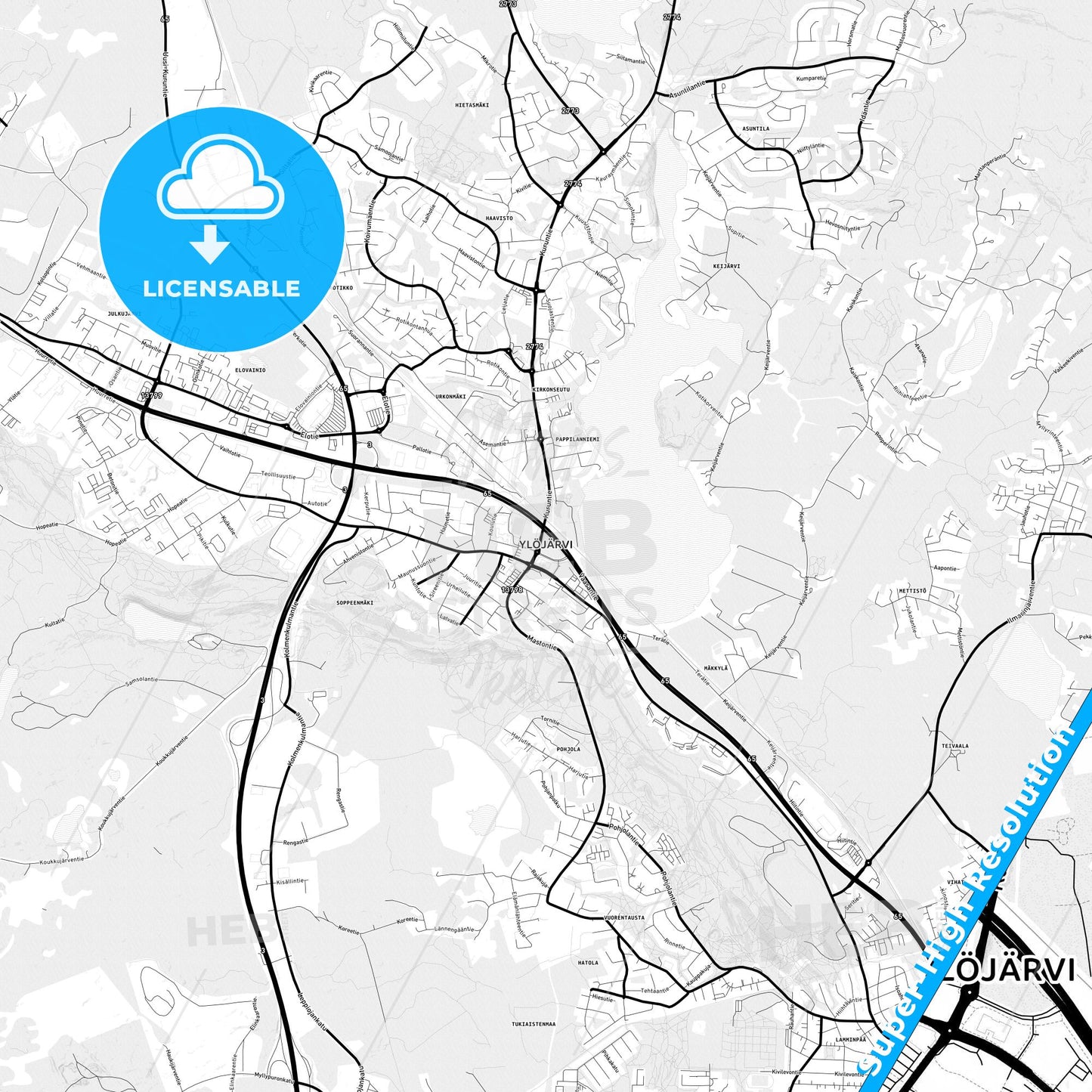 Ylöjärvi, Finland Light Map with Street Names, City Names, and Districts