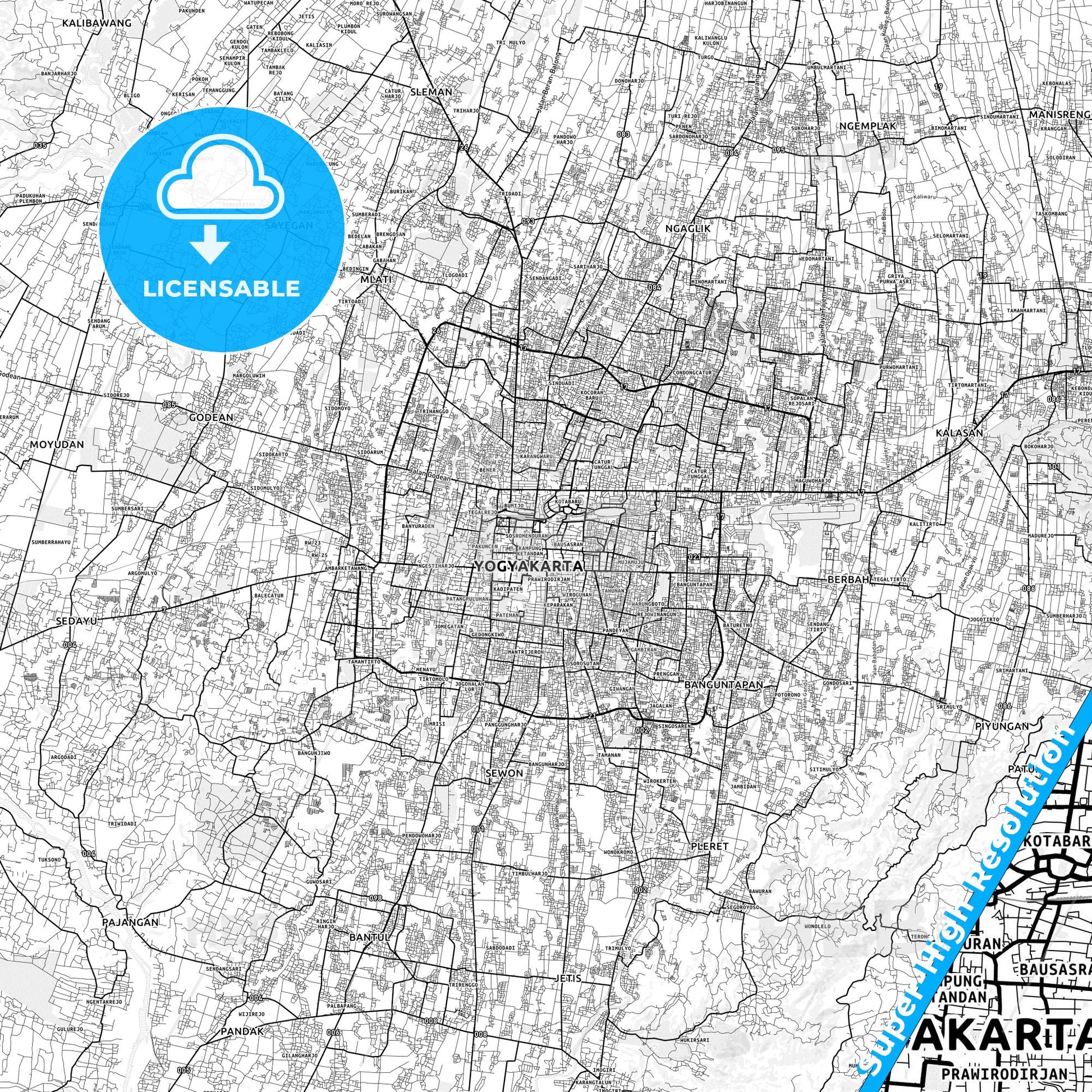 Yogyakarta, Indonesia light map with streetnames, citynames and districts