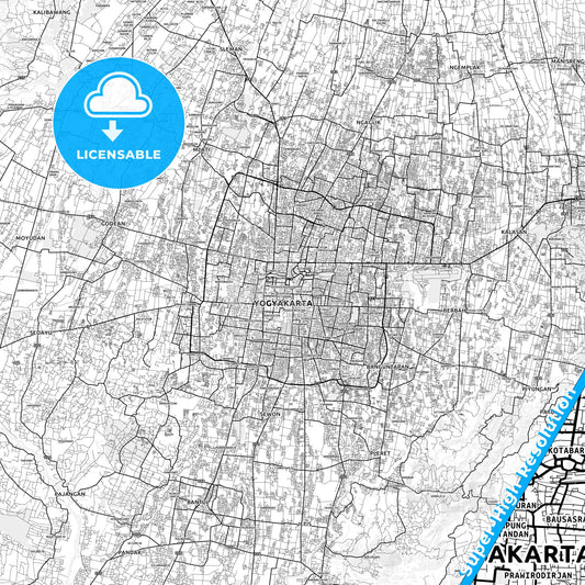 Yogyakarta, Indonesia light map with streetnames, citynames and districts