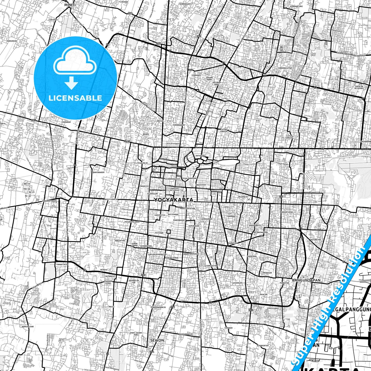 Yogyakarta, Indonesia Light Map with Street Names, City Names, and Districts
