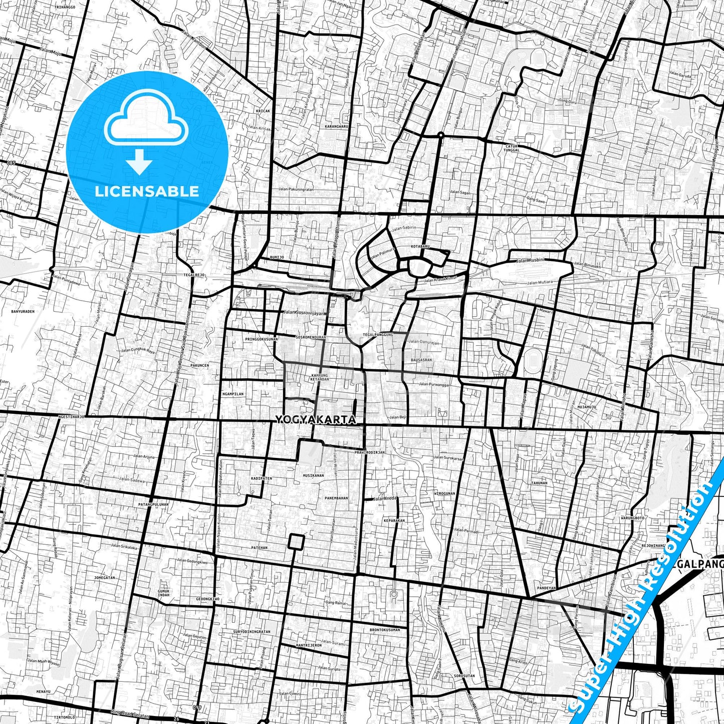 Yogyakarta, Indonesia Light Map with Street Names, City Names, and Districts
