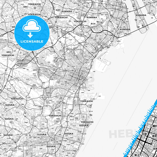 Yokkaichi, Japan light map with streetnames, citynames and districts