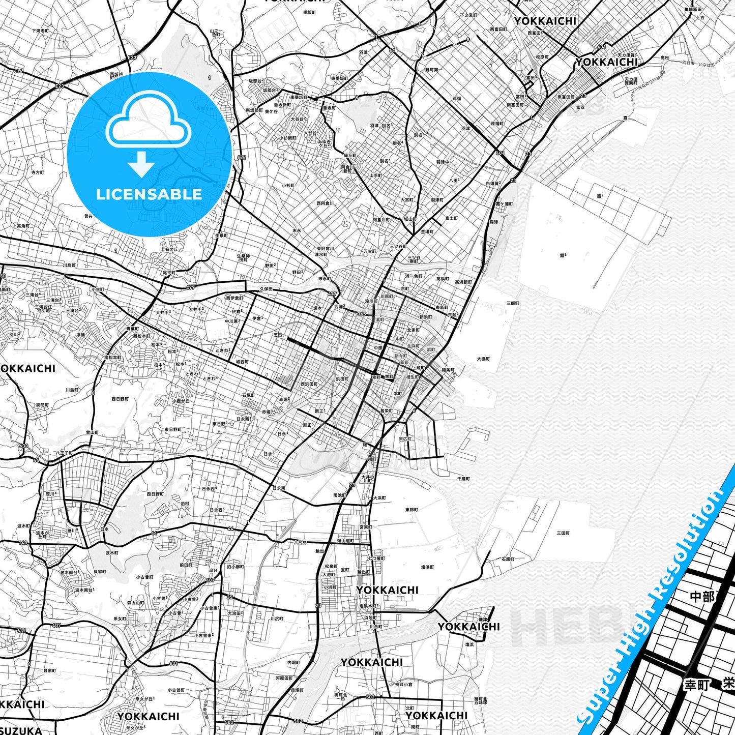 Yokkaichi, Japan Light Map with Street Names, City Names, and Districts