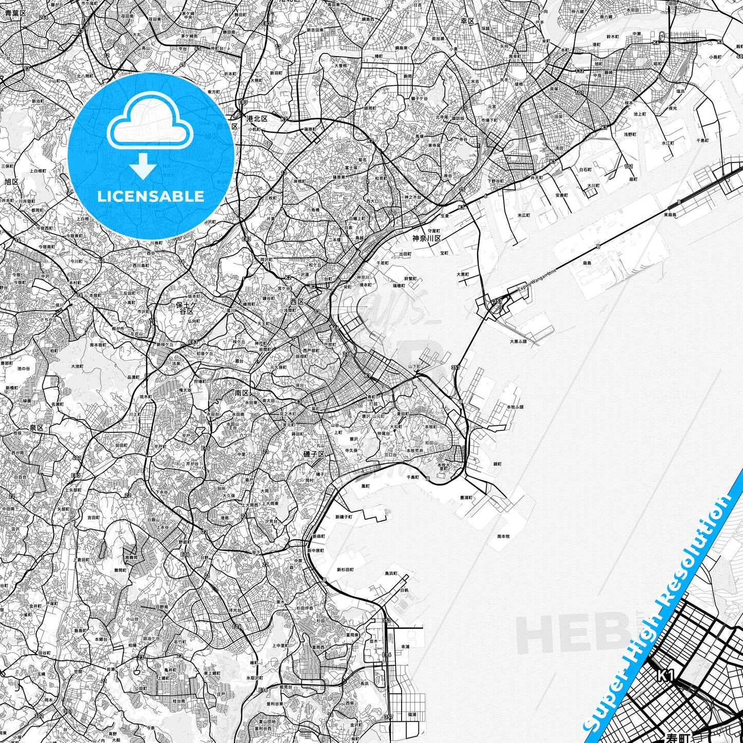 Yokohama, Japan light map with streetnames, citynames and districts