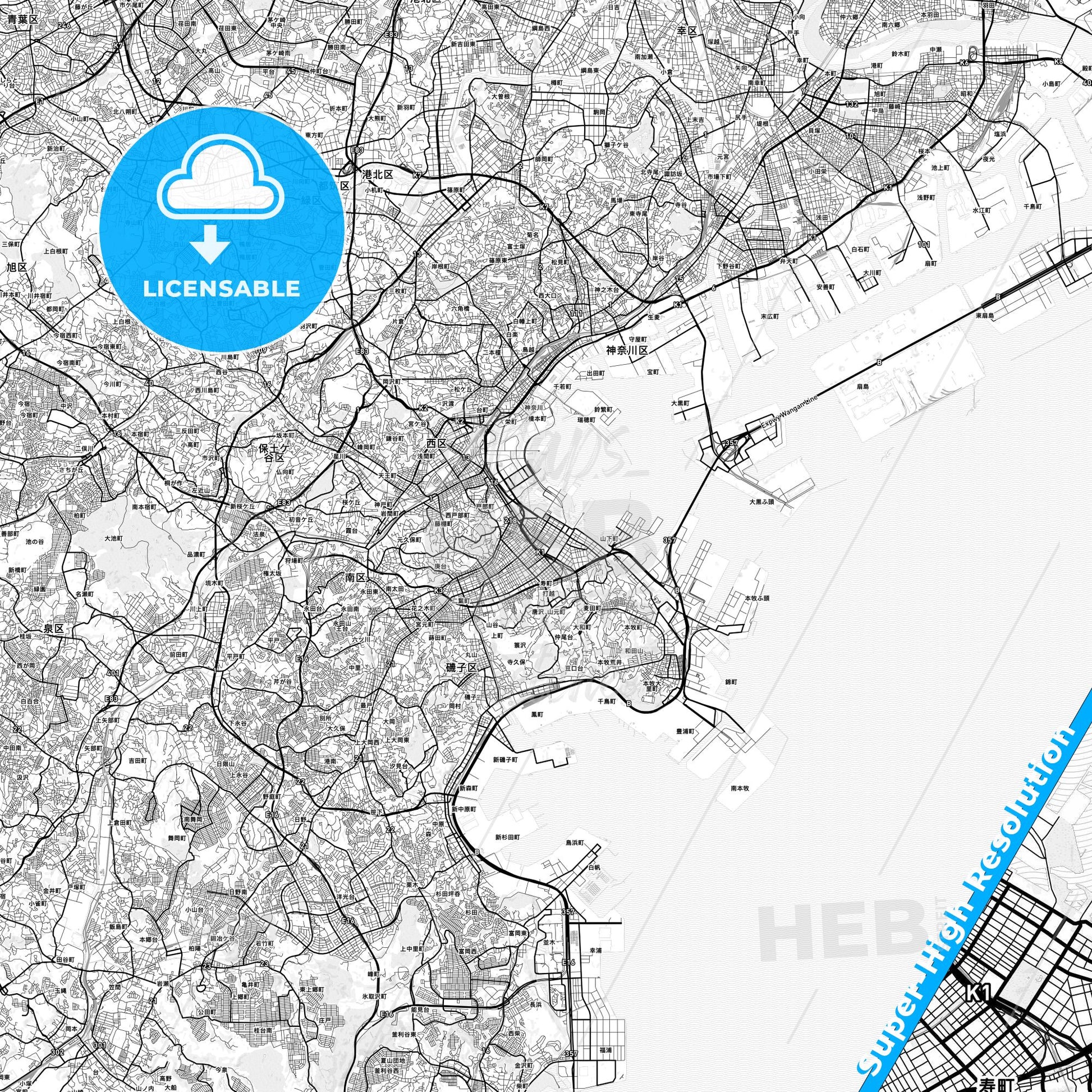 Yokohama, Japan light map with streetnames, citynames and districts