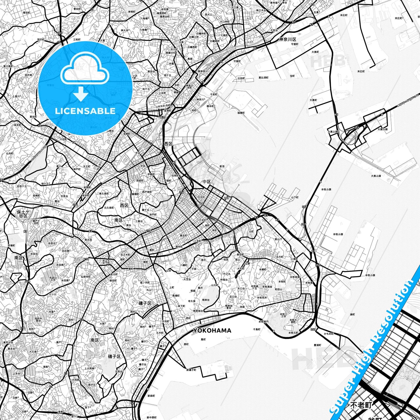 Yokohama, Japan Light Map with Street Names, City Names, and Districts