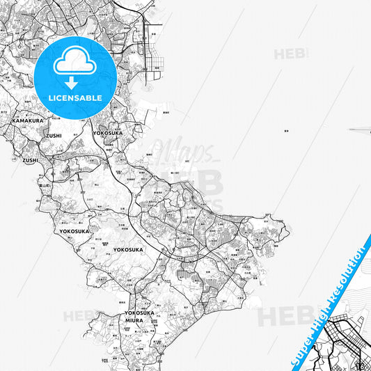 Yokosuka, Japan light map with streetnames, citynames and districts