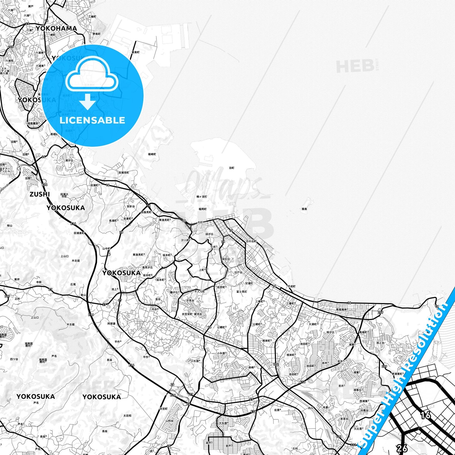 Yokosuka, Japan Light Map with Street Names, City Names, and Districts