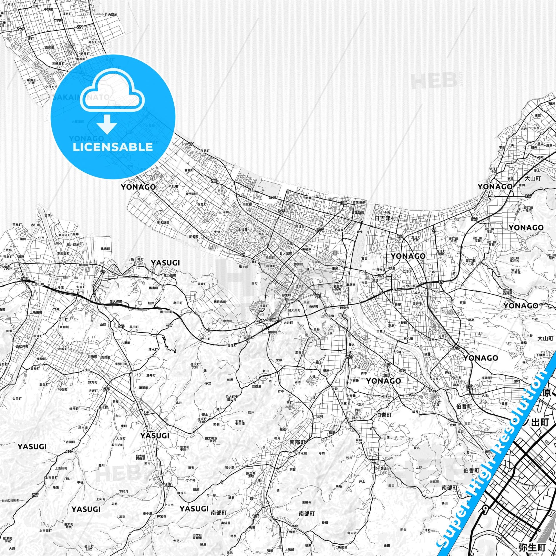 Yonago, Japan light map with streetnames, citynames and districts