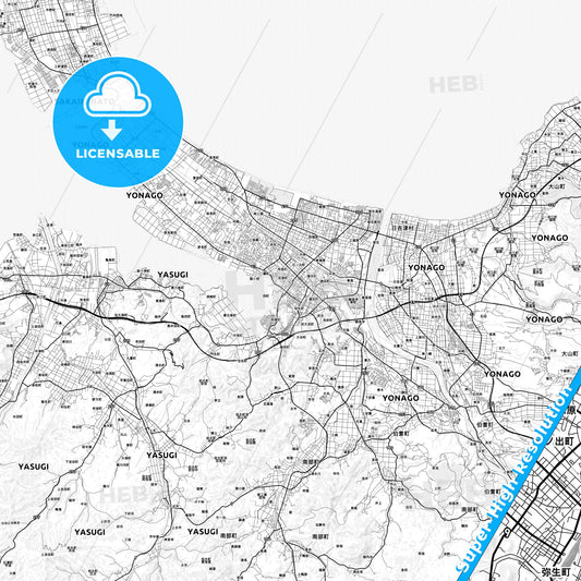 Yonago, Japan light map with streetnames, citynames and districts