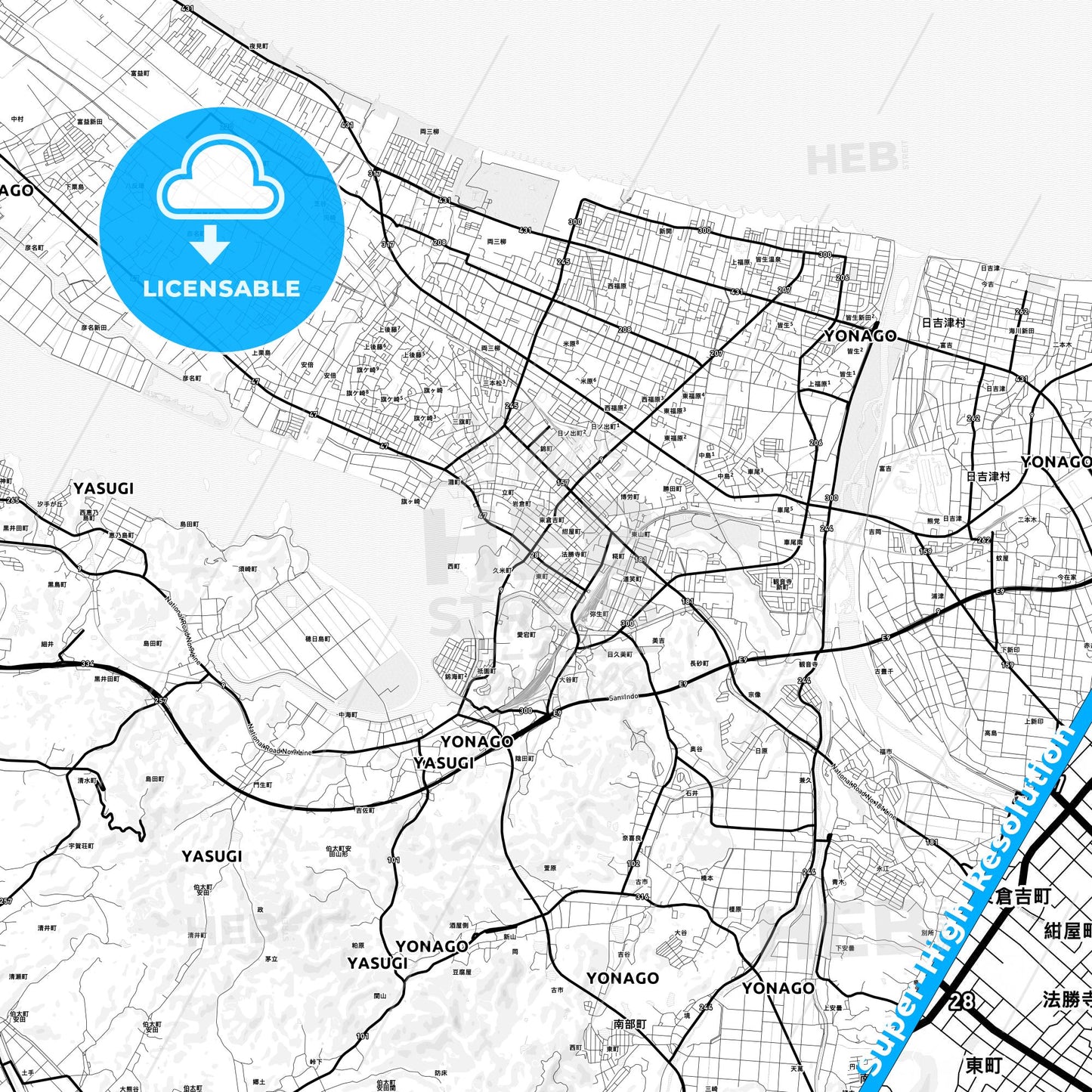 Yonago, Japan Light Map with Street Names, City Names, and Districts