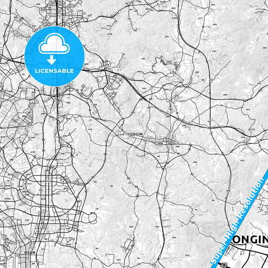 Yongin, South Korea light map with streetnames, citynames and districts