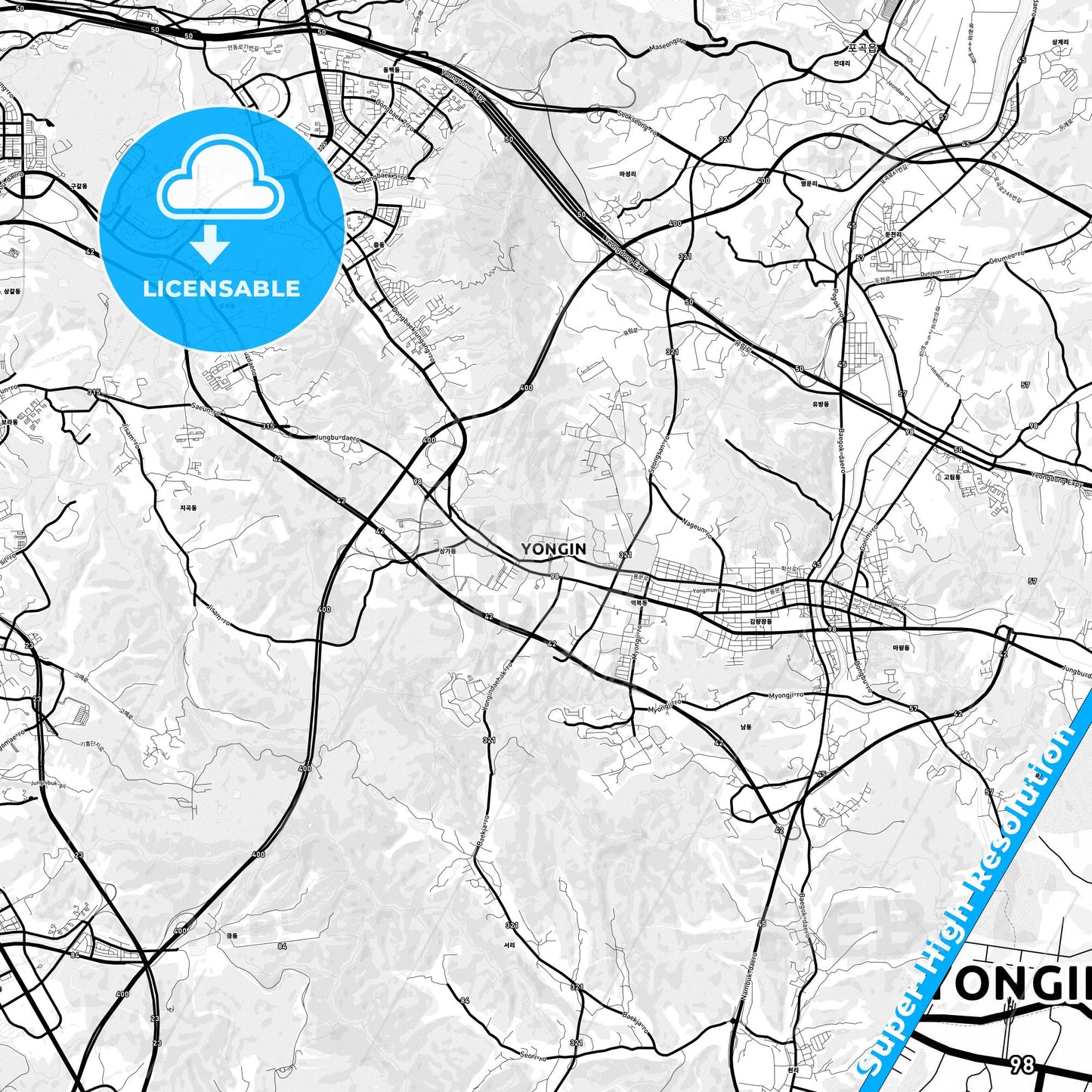 Yongin, South Korea Light Map with Street Names, City Names, and Districts