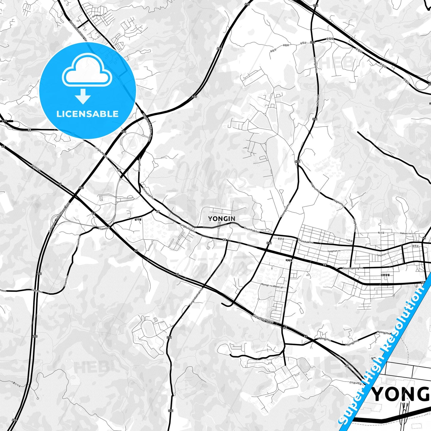 Yongin, South Korea Light Map with Street Names, City Names, and Districts