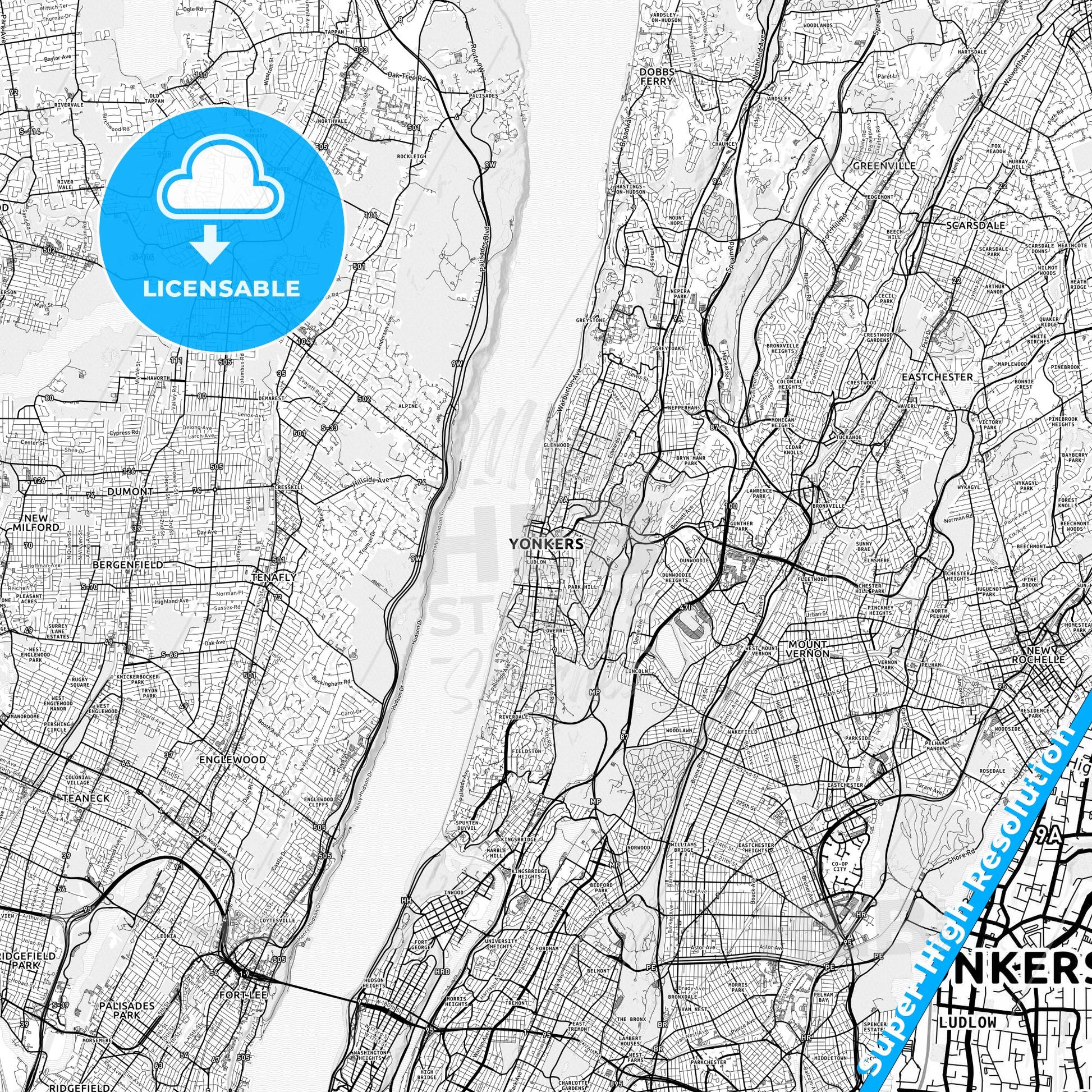Yonkers, New York light map with streetnames, citynames and districts