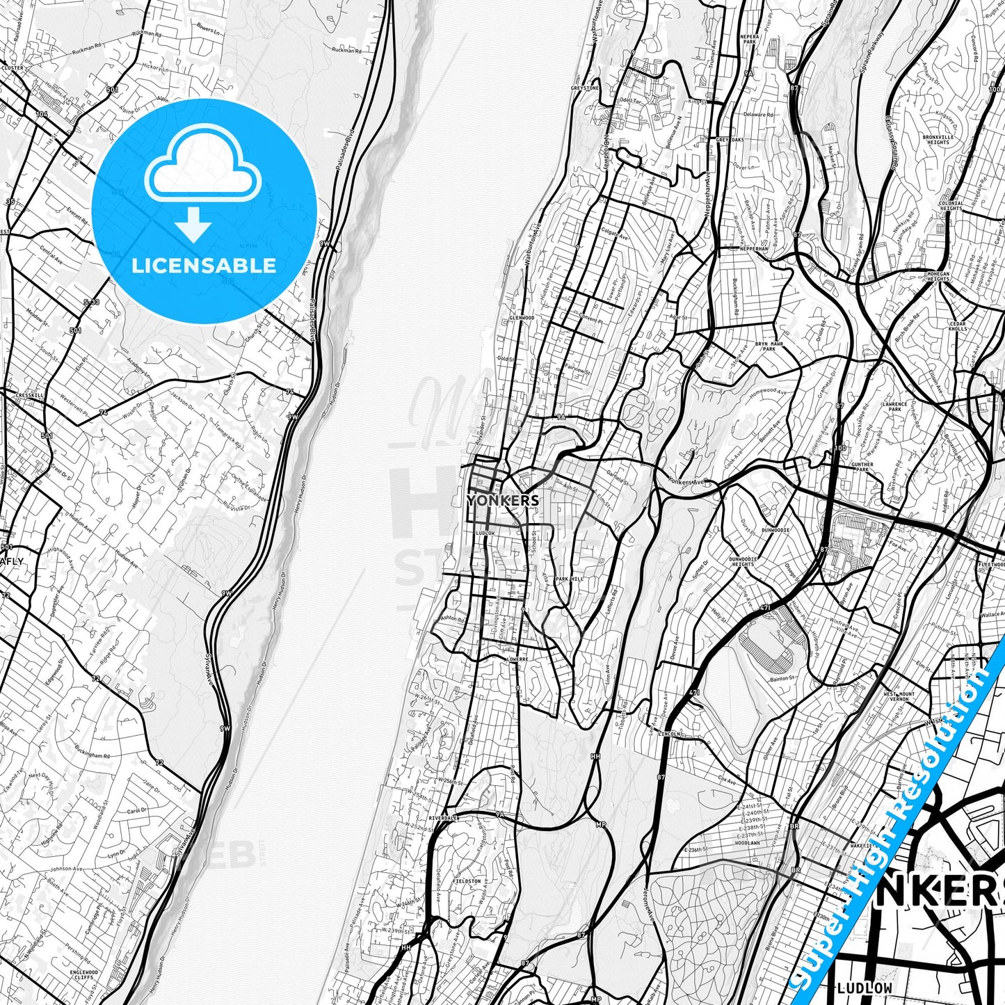 Yonkers, New York Light Map with Street Names, City Names, and Districts