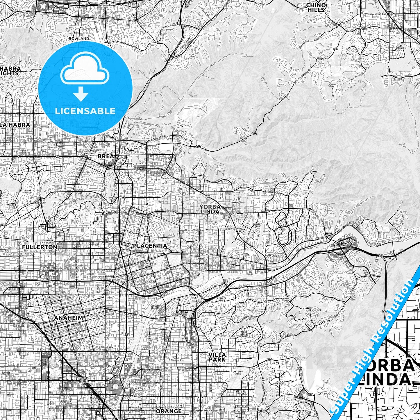 Yorba Linda, California light map with streetnames, citynames and districts