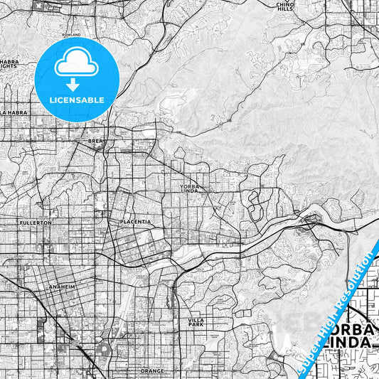 Yorba Linda, California light map with streetnames, citynames and districts
