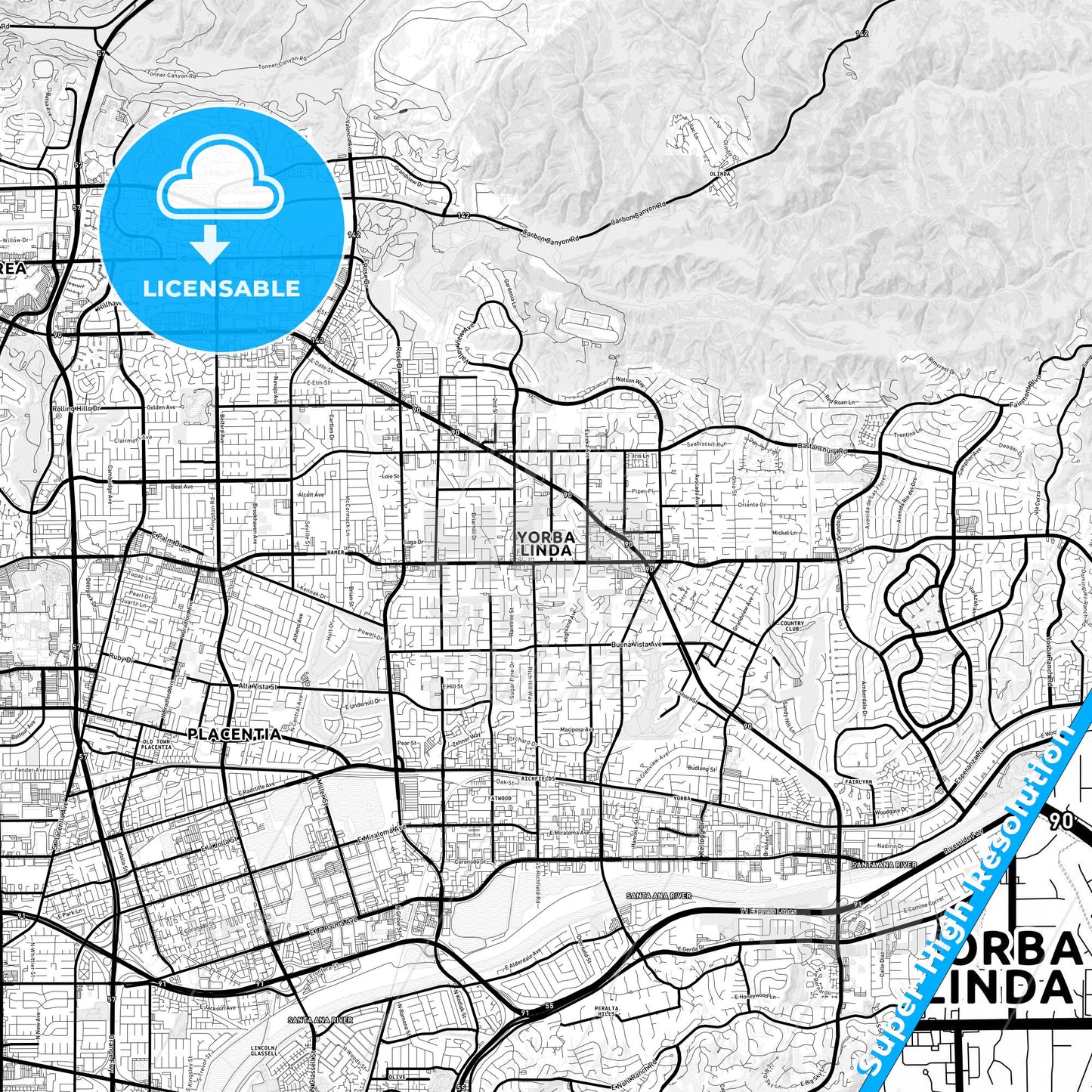 Yorba Linda, California Light Map with Street Names, City Names, and Districts